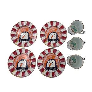 Mackenzie Childs Set 4 Plates 3 Mugs Penguin Snowman Winter Holiday Festive 8"